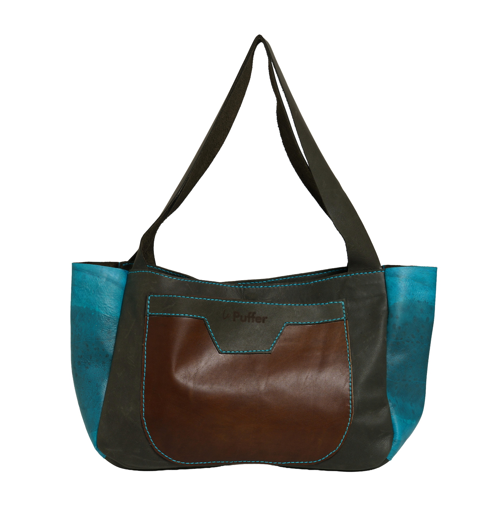 Brown and blue handbag with a visible brand logo on a white background