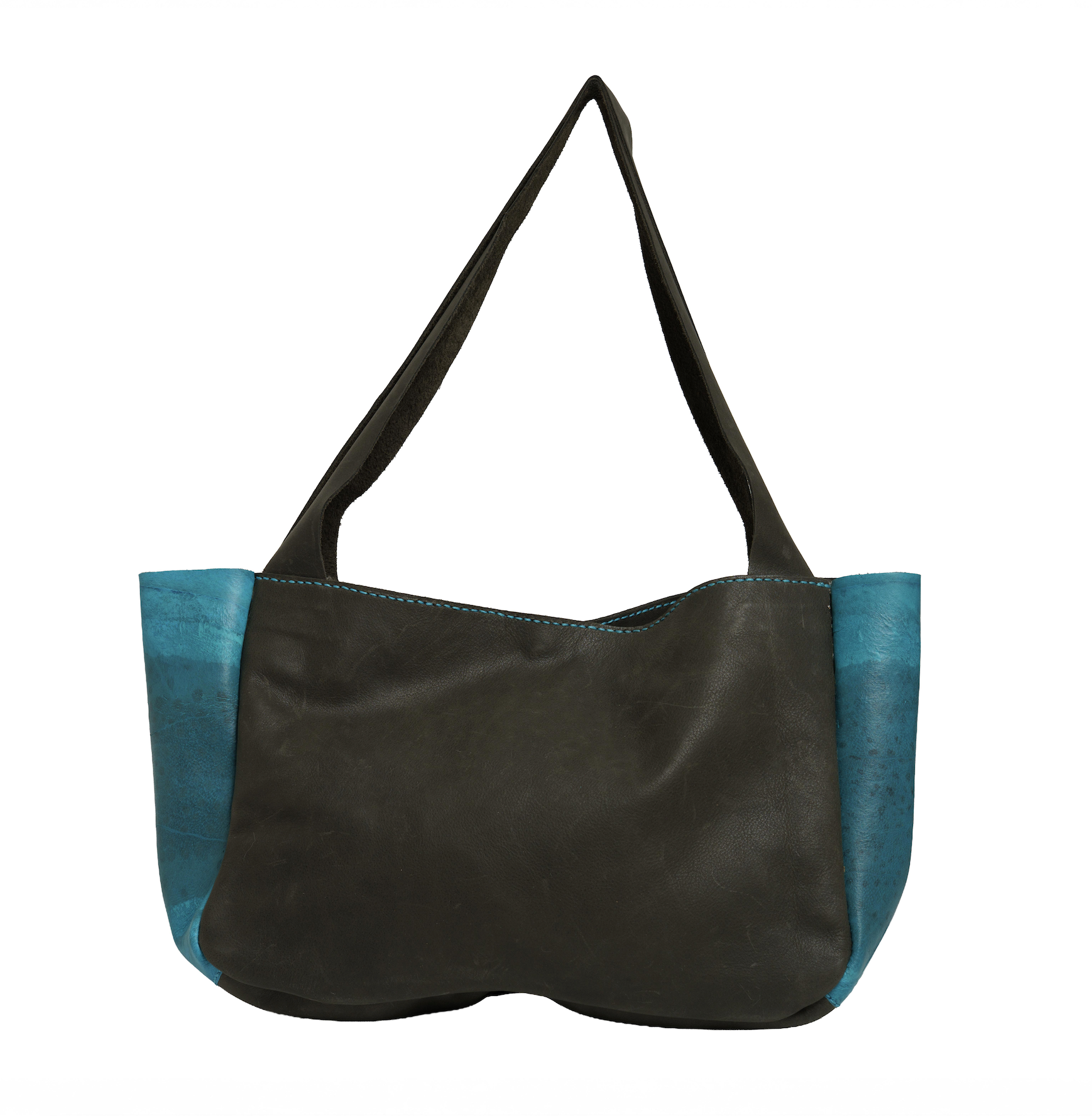 Black and blue handbag on a white background